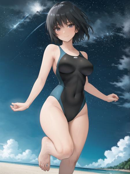 (masterpiece, best quality,extreme detailed beautiful eyes), best illumination, perfect lighting, (1 girl, solo,night, beach, starry_sky :1.3) , <lora:nanasaki_lycoris:0.6>,nanasakiai,nanasaki_ai,
(full body,dynamic angle,dynamic pose,smile:1.2),
(short_hair,  large_breasts,collarbone:1.2),competition_swimsuit,one-piece_swimsuit,swimsuit,black_swimsuit