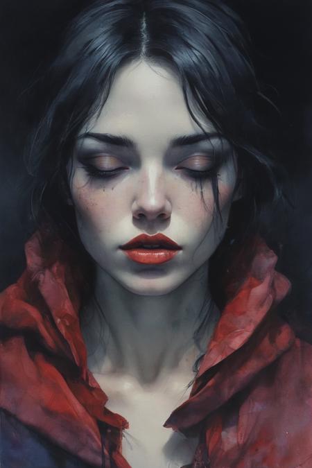 watercolor, dark, dark textured background, medieval rogue woman, eyes closed, black lips, Conrad Roset, Brian Froud, vivid colors, dramatic composition <lora:linquivera:1>  <lora:add-detail-xl:0.8>