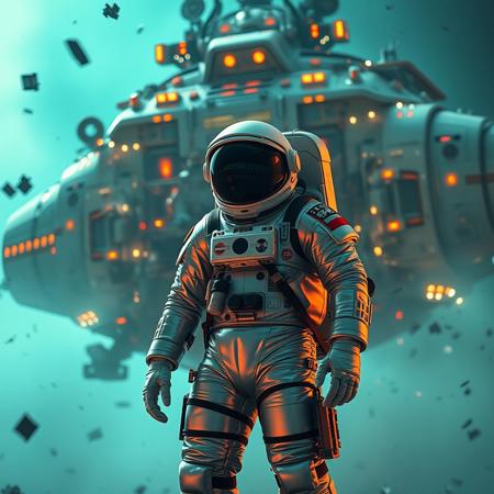 A cinematic shot of an astronaut in a vibrant silver spacesuit standing in the foreground, with a massive, spacecraft as the backdrop. The spacecraft is adorned with numerous lights, windows, and technical details. The astronaut's suit is equipped with various gadgets and patches. The atmosphere is filled with floating debris and a hazy teal glow
