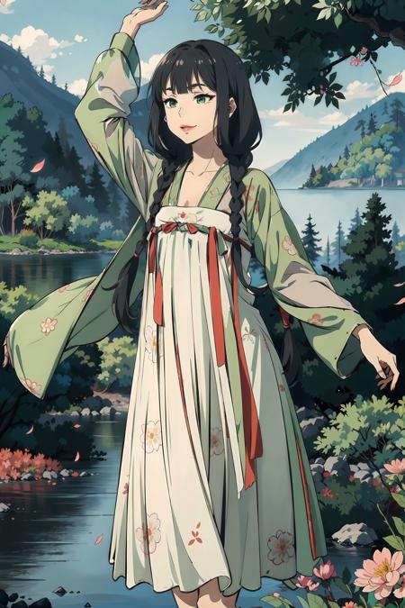 <lora:TaoYao:0.7>, cowboy shot, 1girl, twin braid,  long hair,makeup, red lips, brown eyes, <lora:tang_hanfu:0.65>,(hanfu),(chinese clothes),((floral print)),((green magnificent print long sleeves:1.3)),((green print see-through dress)), upper body, dancing, masterpiece, best quality, (colorful),volumatic light, ray tracing,extremely detailed CG unity 8k wallpaper,smile,((flying petal)),(Flowery meadow), sunny,sunshine, light, fantasy, windy, magic sparks, trees, lake, mountains, ((flowers)),harano,