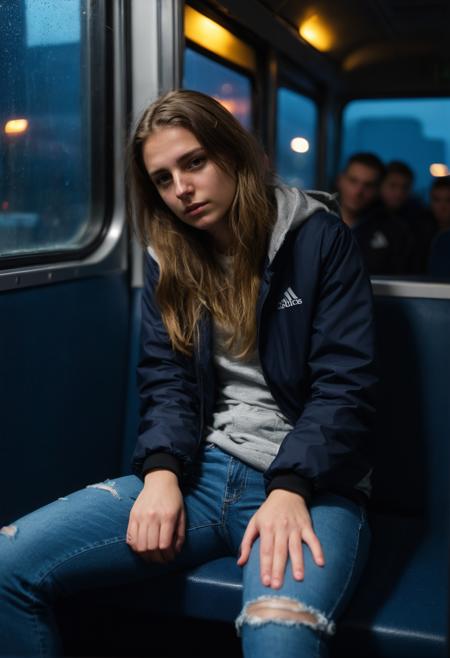 (frontal centered,focused,immersive,intimate,full-body-portrait of an interesting exhausted young heavily unobedient girl lounging on a seat. A sports-bag on the seat.Rainy night:1.5). (The girl is looking away, wet from the rain,looking away and exhausted from work and sighing. candid,unstaged,girl next door. She is lounging with open legs,one leg raised.18 years old big-city-girl:1.3). During a crowded bus-ride on a rainy night,. wearing wet worn-out clothes and jeans, badly lit dark scene, wet and fogged bus windows,humid air,(rainy,dreary,gritty, detailed clothes,highly detailed,bokeh,film grain:1.4), <lora:add-detail-xl:1.5> <lora:NaturalBodyXL-V1.1:0.2> <lora:xl_real_beta1:0.2>