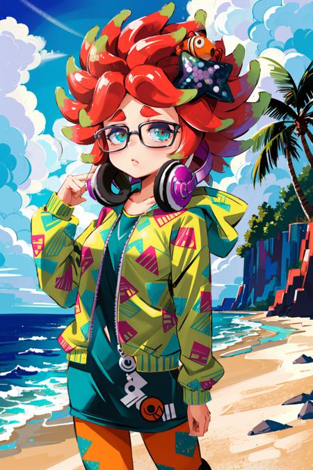 (masterpiece, best quality, highres, ultra detailed:1.2), (solo, 1girl, cowboy shot), annie_(s2), clownfish, glasses, headphones around neck, tentacle hair, star hair ornament, green hoodie, print hoodie, print legwear, orange leggings, (dynamic pose), (detailed background, beach, ocean, water:1.1)