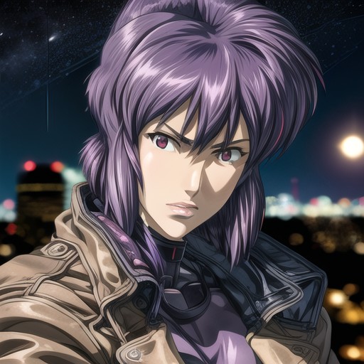 <lora:kusasagimotoko:1>, Motoko Kusanagi, purple hair, red eyes, jacket, leotard, 8k, realistic, city background, night, s...