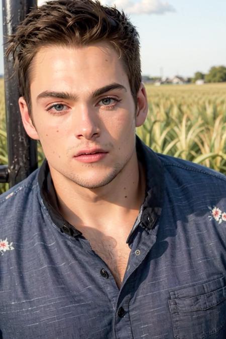 ((masterpiece)), ((best quality:1.2)), High Resolution, 8k, (ultra_realistic:1.3), (photorealistic:1.4), (instagram model, handsome:1.2), sharp focus, a photo of (dylansprayberrykm, Dylan Sprayberry), wearing simple shirt with print, farming, rural place, rice field, outdoors, daytime, ((looking at viewer)), <lora:DylanSprayberryKM_16_v2:0.8>