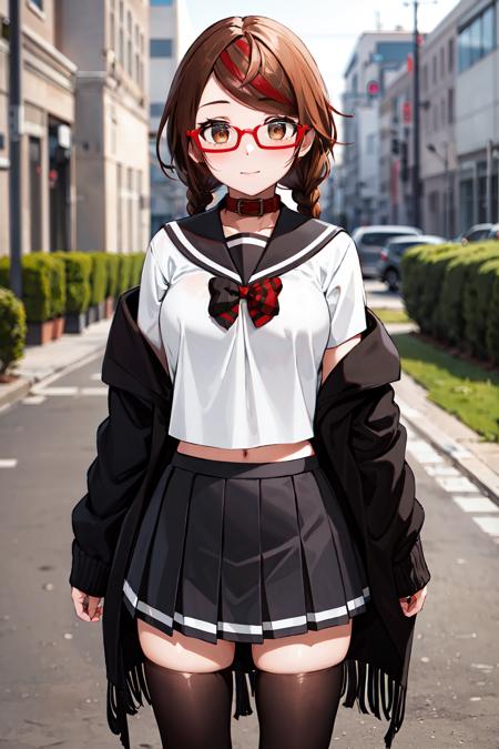 aamisaki, twin braids, multicolored hair, brown eyes, red-framed eyewear, red collar, serafuku, sailor collar, multicolored bow, sailor shirt, white shirt, (off shoulder:1.2), black jacket, pleated skirt, black skirt, black thighhighs