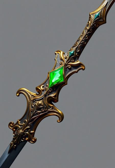 A Highly Detailed Ancient Looking gold Sword With A Single Light green Gem embedded in the hilt