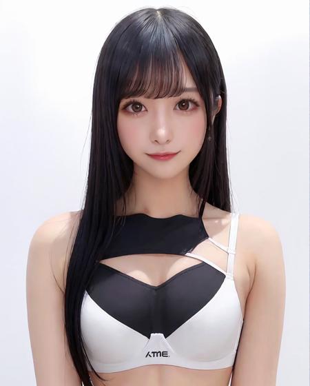 best quality, photorealistic, 8k, high res, 1girl, woman, (skindentation), (portrait:0.6), gorgeous, ((whitebackground, sport bra, small breast:1.55)), (long black hair, parted bangs:1.6), looking at viewer,  (1girl eyes looking at viewer:1.6), photorealistic, (bokeh), (smile:1.3), gorgeous, pureerosface_v1:1, <lora:Naomi:0.8>