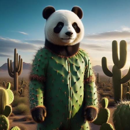 A realistic panda, panda face visible, wearing full-body cactus costume at the desert, detailed costume, cactus shape costume, cactus costume, realistic Prickly Pear textures, dynamic pose, panda in costume, cactus costume, full costume, panda at the desert