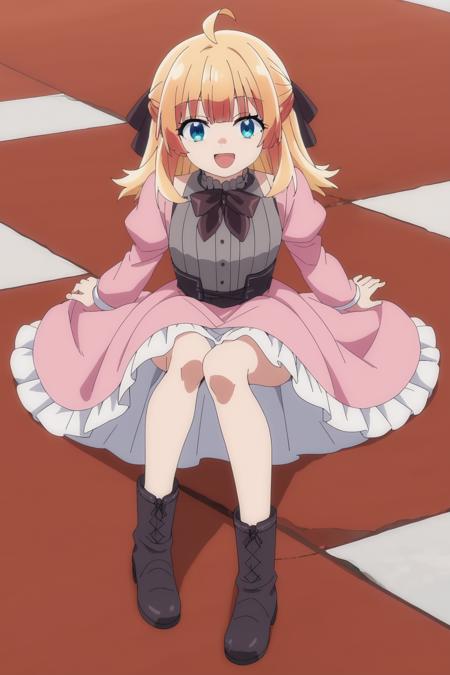 long hair, blonde hair, hair bow, bangs, blue eyes, pink dress, frilled dress, bow, long sleeves, juliet sleeves, boots,