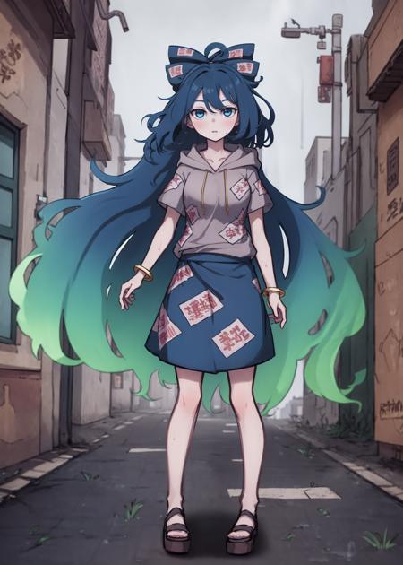 1girl, solo, sh, bracelet, 1girl, solo, full body, standing, very long hair, gradient hair, blue hair, blue bow, hair bow, grey hoodie, hood down, blue eyes, aura, (ofuda:1.2), blue skirt, wet clothes,
BREAK
chiaroscuro neon lights, cyberpunk, cyberpunk city, graffiti, rain
<lora:shion_v2-000012:1> <lora:kame_rebake_old_v2-000020:unet=1:te=0>