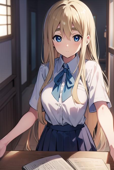 tsumugikotobuki, <lora:tsumugikotobukitest:1>,
tsumugi kotobuki, blonde hair, blue eyes, long hair, thick eyebrows, eyebrows,
BREAK sakuragaoka high school uniform, school uniform,
BREAK looking at viewer,
BREAK indoors, classroom,
BREAK <lora:GoodHands-vanilla:1>, (masterpiece:1.2), best quality, high resolution, unity 8k wallpaper, (illustration:0.8), (beautiful detailed eyes:1.6), extremely detailed face, perfect lighting, extremely detailed CG, (perfect hands, perfect anatomy),