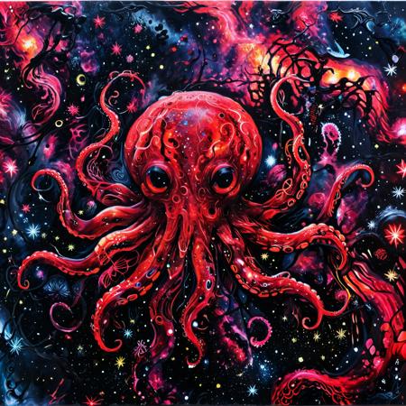 red and black neon painting of an octopus in space, stars, swirls, splatter paint,