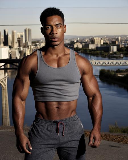 masterpiece realistic, best high quality, dark skin, 1boy, gray tank top, muscular, looking at viewer, outdoors, upper body, parted lips, eyebrow scar, cityscape, industrial, collarbone, covered pectorals, ruins, power lines, arms at sides, sfw, midriff peek