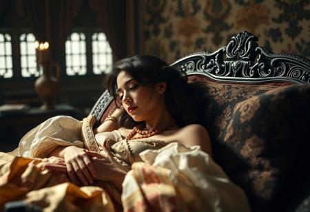 source_photo, photorealistic, masterpiece, 4k, ray tracing, intricate details, highly-detailed, hyper-realistic, 8k RAW, cinematic light, dramatic light, shallow depth of field,  high budget, bokeh, cinemascope, best view, best angle, XIXth century, Baudelaire, orientalist, collector, surrealist poetry, "lle était donc couchée et se laissait aimer,
Et du haut du divan elle souriait d'aise
A mon amour profond et doux comme la mer,
Qui vers elle montait comme vers sa falaise."