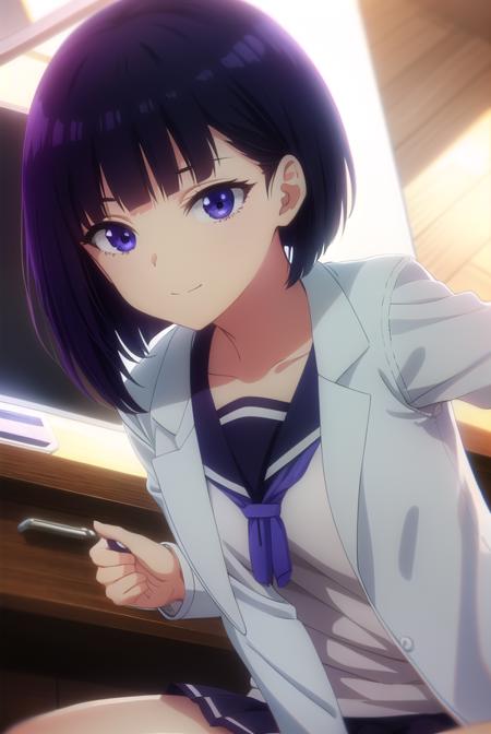 inarisakihira, <lora:inari sakihira s1-lora-nochekaiser:1>,
inari sakihira, short hair, (purple eyes:1.1), purple hair, smile,
BREAK skirt, school uniform, serafuku, labcoat,
BREAK indoors, classroom,
BREAK looking at viewer,
BREAK <lyco:GoodHands-beta2:1>, (masterpiece:1.2), best quality, high resolution, unity 8k wallpaper, (illustration:0.8), (beautiful detailed eyes:1.6), extremely detailed face, perfect lighting, extremely detailed CG, (perfect hands, perfect anatomy),