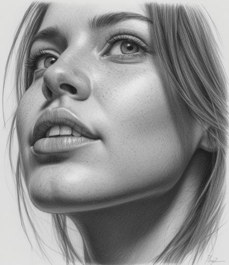 The image is a highly detailed sketch art of a woman face, view at side, focusing on the eyes, nose, and teeth. The artwork is done in black and white, with subtle shading that gives the hair and skin a lifelike appearance. view 3/4 down