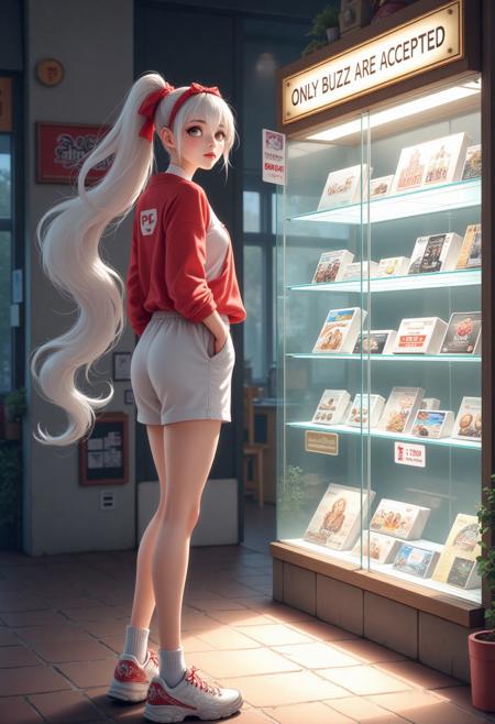 masterpiece, detailifier, shaders, perfect shadows, perfect lightning, perfect shaders, real anime style, detail eyes, magic eyes, de01, high resolution, high definition, 4k, great details, high quality, detailed, high detailed anime style, a sign that says only buzz are accepted, girl with long white and red hair, white sports shirt and long sports shorts, white socks, old tennis shoes, would be looking at a display case which sells various products, these would have their price (randomly over 1000) and with a small yellow buzz symbol (yellow lightning) replacing the dollar symbol, minimalist shop, minimalist ambient, the display case would be very well decorated and detailed, a sign that says only buzz are accepted, from the girl would come out a cloud that represents her thought which has an empty wallet and next to it a yellow buzz symbol (yellow lightning), hair simulating movement, detailed hair, detailed image, realistic hair movement simulation, extremely detailed hair, realistic hair, beautiful face, gorgeous face, perfect face, display case with valuable items, has a smile of excitement when seeing something, A illustration in the rimixa style, anatomically perfect body, sign, buzz simbol, buzz image, cloud hair, minimalist style, legible letters, ponytail, fluffy hair, fitness body, beautiful face, electronic shop, a sign that says only buzz are accepted, a sign that said buzz