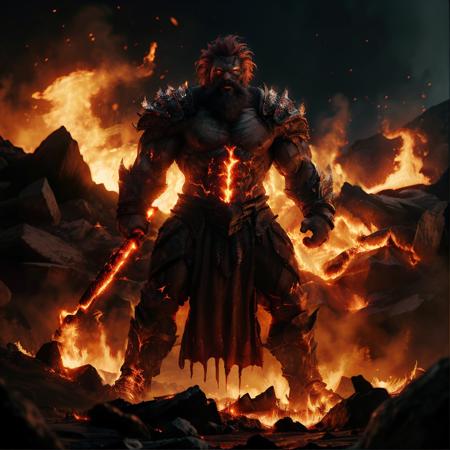 highly detailed cinematic photo of a fire giant, 1boy, beard,
flaming eye, full armor, glowing eyes, molten rock, muscular,  orange hair, red hair, open mouth, holding weapon, 

(full body:1.2),

realistic, depth of field, blurry background,

mountain on fire,

photorealistic,
analogue photography,
low key lighting,
