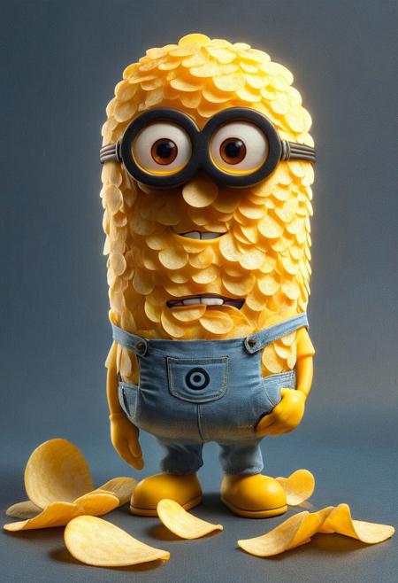 Minion minion(masterpiece, best quality, ultra-detailed), xiaohuangren, glasses, blue denim strap pants, <lora:xiaohuangren_v6-000017:0.8>, minions, (masterpiece, best quality, ultra-detailed),xiaohuangren,goggles,blue denim strap pants,<lora:xiaohuangren_v6-000017:0.8>,minions,revice driver, p1nkch1ps, made out of potato chips,text( "Potato Chips":1.1), A fun party scene with bowls of potato chips and the text "Potato Chips" glowing brightly, minion minion, minion