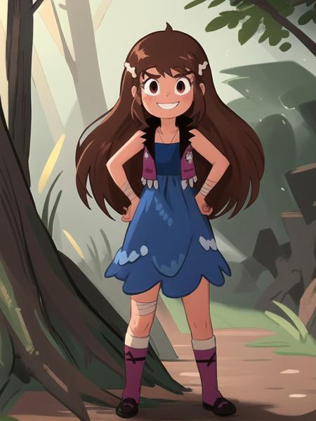 1girl, mariposa diaz, standing, very long hair, brown hair, blue dress, sleeveless, bone hair ornament, smile, arm wrap, forest, hand on hip,