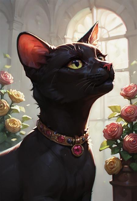score_9, score_8_up, score_7_up, score_6_up, Expressiveh, saturated colors (best quality:1.1), (masterpiece:1.2), saturated colors, (detailed:1.1), (highres, best quality:1.2),(ultra HD quality details), animal, cat, black fur, curled, stunning eyes, solo focused, very aesthetic, portrait, close up, no humans, plant, red flower, pink flower, yellow flower, realistic, animal focus, dark background, muted colors, DTLDR, Detailed drawing