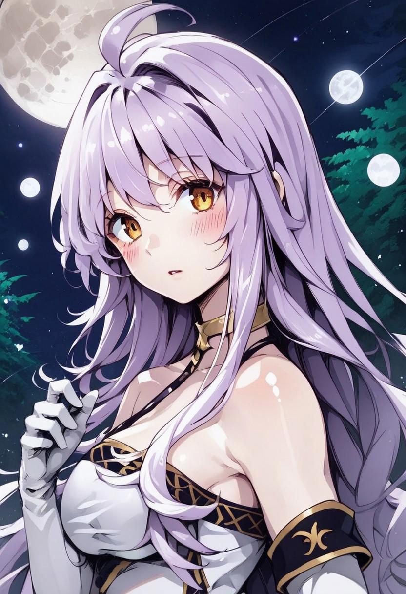 score_9, score_8_up, score_7_up, 
1ngv1ldl3v14th4n, Ingvild Leviathan,
1girl, solo, long hair, breasts, looking at viewer, blush, gloves, dress, bare shoulders, brown eyes, medium breasts, yellow eyes, upper body, purple hair, ahoge, parted lips, sky, choker, elbow gloves, white gloves,  night, colored skin, moon, night sky, full moon