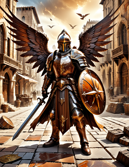 lazympos,high_quality,highres,beautiful,detailed,(masterpiece, best quality:1.2),absurdres,8k,HDR,retro,
brown marble background of a brown city (fantasy). In the center of background a brown full medieval armored knight,
with winged helmet,brown shield in left hand and a warhammer in right hand stays guarding the city.,
<lora:EpicF4nta5yXL:0.5>,<lora:SDXLFaeTastic2400:0.3>,<lora:lazympos:1>,<lora:dvr-rst:0.8>,dvr-rst
