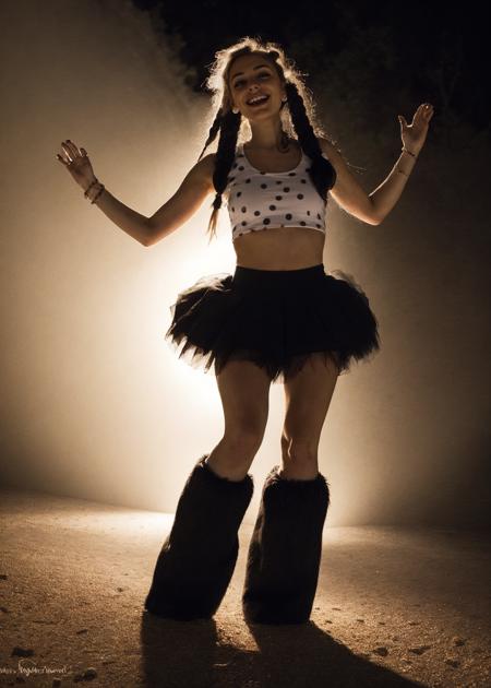 <lora:epi_noiseoffset2, dark studio, rim lighting, two tone lighting:0.3> (full body shot, rim lighting), flash photography,
25 years old, 1girl, solo, braids, black hair, female focus, Mischievous:1.2, Sarcastic smile, looking at viewer, posing for photo, freckles, natural breasts
<lora:pr3ttyr4v3g1rl:0.7> pr3ttyr4v3g1rl, fuzzy boots, fuzzy tutu, crop top, fuzzy leg warmers
<lora:ReaLora:0.45>
<lora:epiCRealismHelper:0.4>
<lora:detail_slider_v4:0.5>
rave, music festival, party, dark background, dust particles, realism