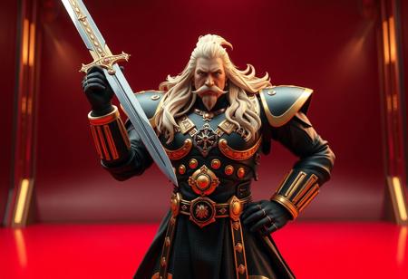 Master Superdimensional Robot Galaxy Destroyer, center in a powerful stance. Black outfit with regal gold accents, flowing blonde hair, rugged mustache. Wielding sword aloft, left hand on hip. Isolated on a vibrant crimson floor. High-res, 4K, Exceptional Quality, Super Detailed face, eyes, clothes. Sharp Lines, Stunning Colors, Impeccable Composition, Cinematic Lighting, Octane Render, Unreal Engine 5, Houdini Style, CGSociety, Artstation Trending on ArtstationHQ, Golden Ratio.
