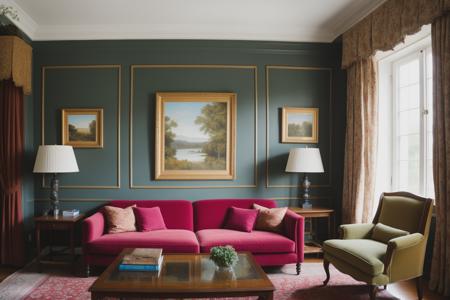 A realistic vision of a living room draped in velvet and flowers, inspired by the styles of Anton Fadeev and J. Ottis Adams. The room features a couch, chairs, and a table, and is taken from a side view. The room showcases textures such as velvet drapes and a simple ceiling. The room has an intricate organic painting and intricate details. The photo was taken in a rural location.