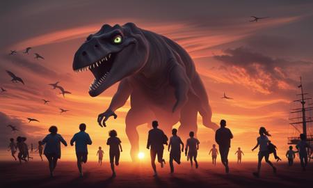 photo of a robot-dinosaur silhouette at sunset, surrounded by shocked humans who are running away, megacity, sci fi, magic, energy, storm, black sun in sky