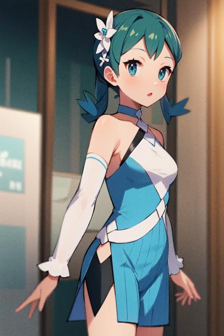 solo,  kris,  medium hair,  twintails,  halter dress,  blue dress,  hair ornament,  shorts under dress,  detatched sleeves,  choker,  cowboy shot,  glacier,<lora:EMS-253434-EMS:0.700000>