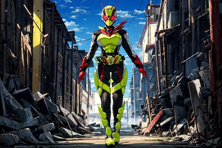 ((masterpiece,best quality)),kamen rider zero two, kamen rider, tokusatsu, rider belt, glowing red eyes,2 people, (((1girl, mature female,(large breasts),narrow waist,wide hips,thighs,short,legs together), (1boy,tall,muscular,legs apart))), looking at viewer, standing, full body, armor, red gloves, ((skin tight bodysuit)), antennae, clenched hands, scarf, glowing,outdoor   <lora:kamen_rider_zero_two_v2-11:0.69>