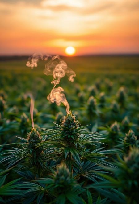 vibrant cannabis field, (lush green leaves:1.4), (sunset glow:1.2) casting warm light over the plants, (detailed textures:1.5), smoke swirling softly in the air, (cannabis buds:1.3) glistening with trichomes, peaceful and serene atmosphere, (natural light:1.4), wide field stretching into the distance, (colorful sky:1.2) with shades of pink and orange, (high-definition:1.6), (ultra-realistic textures:1.5), close-up details of cannabis plants, (soft focus in the background:1.2), modern, laid-back aesthetic, perfect for a cannabis culture feature, chill and relaxed vibe, (overexposed:-1.4), (unnatural colors:-1.5), (blurry:-1.6), (low-resolution:-1.7), (harsh lighting:-1.5), (distorted textures:-1.6)