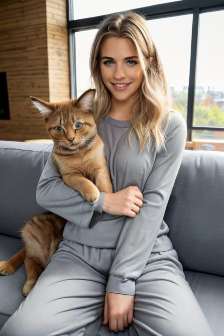 <lora:dare_hugging_wildlife:1> Professional digital art of beautiful blonde woman holding her cat, GA1, sitting on a cozy big couch inside her living room. Cozy department, nice wood furniture, low glass table, she's sitting in the couch besides her cat. Wearing a cute grey pyjamas and she's hugging her cat. (She's hugging her cat, it's a cute cat). She's got long hair combed to the sides. She's smiling brightly, happy toothy smile. There's a window that shows trees outside. Rray-tracing. 4k, bokeh, 8k, masterpiece, highest quality, highly detailed blonde hair, hi-res, hdr. <lora:GemmAtkinsbyMal:1>  <lora:add_detail:0.5>.