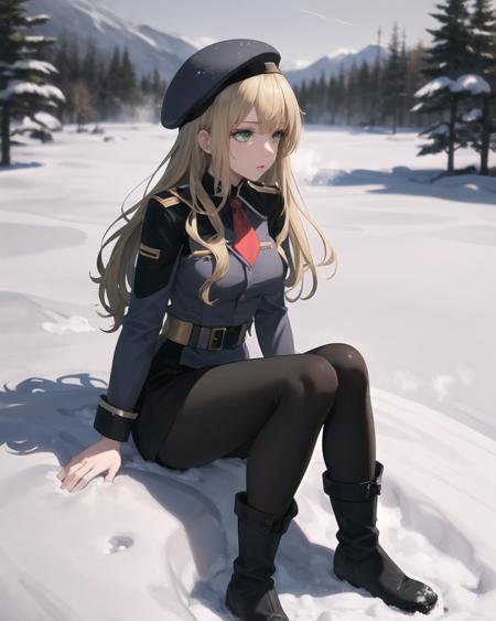 best quality, (masterpiece:1.2), illustration, absurdres,
(1girl, solo), (beautiful detailed girl), 
<lora:Mireille-08:0.8>, Mireille, blond hair, long hair, green eyes, medium breasts,
military uniform, black beret, grey shirt, black skirt, grey leggings, boots, red sash, red necktie,
in snowy village, falling snow, particles, crisp winter morning, breathing out steam, snowy pine trees and frozen river,,
legs apart,
humiliated