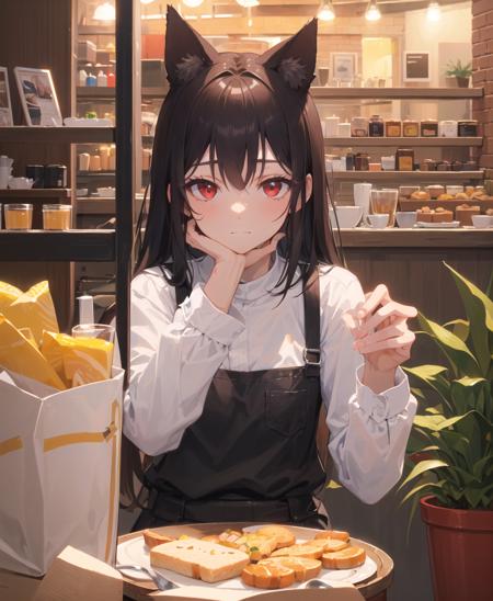 (masterpiece), (best quality), (intricate_details:1.1), (finely detailed:1.4), (distinct_image:1.2), (cafe background), solo girl, cute, (face focus), shiny red eyes/black hair, cat ears, smooth lighting, black shirt, [skirt],