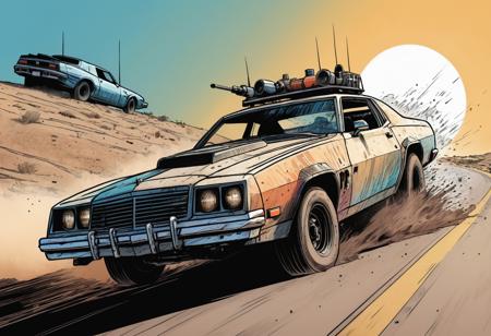 candid view, mad max style, interceptor car chase, epic, action, cinematic, motion trails, colored inked, comics, graphic novel illustration, flat colors, highly detailed, large gradient, paper texture, go pro, color graded illustration, comics page, scoundrel