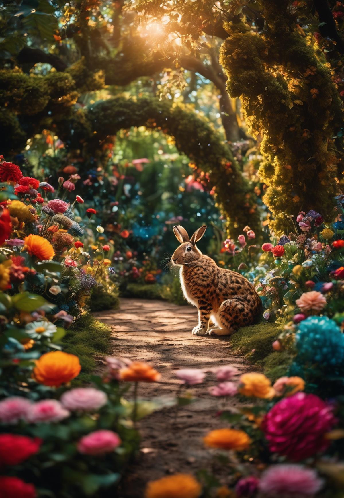 A rabbit sitting on a path surrounded by flowers and plants.