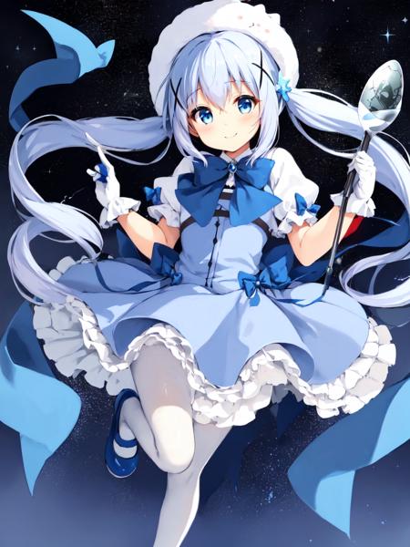 Magical Girl Chino twintails, white headwear, x hair ornament, bowtie, blue footwear, blue ribbon wand, holding spoon, oversized object, tippy_\(gochiusa\)