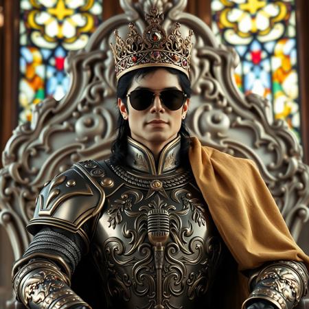 Photorealistic portrait of Michael Jackson, wearing ornate medieval emperor armor. Seated on an elaborate ornate throne made from white marble. Wearing a crown adorned with jewels and black sunglasses. Hyper-detailed, 8K resolution, cinematic quality.