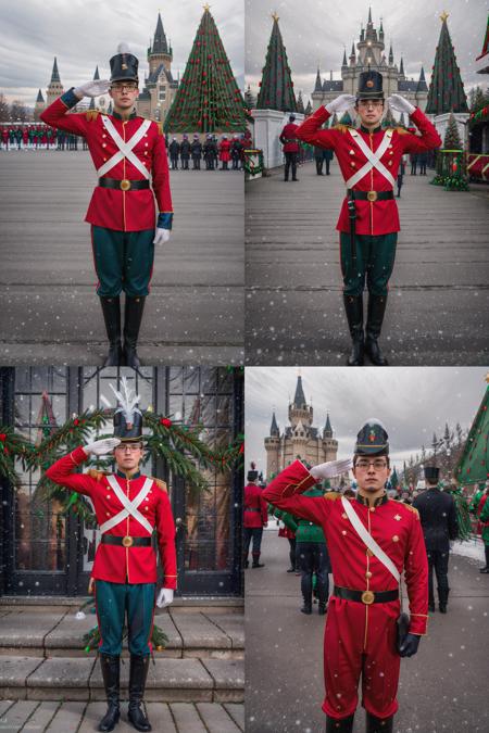 RAW photo, a portrait photo of 20 y.o man wearing glasses, (christmas toy soldier costume), (saluting in front of a (Christmas castle:1.2)), full body, 8k uhd, high quality, film grain, Fujifilm XT3, <lora:christmas_toy_soldier_costume-02:0.6>