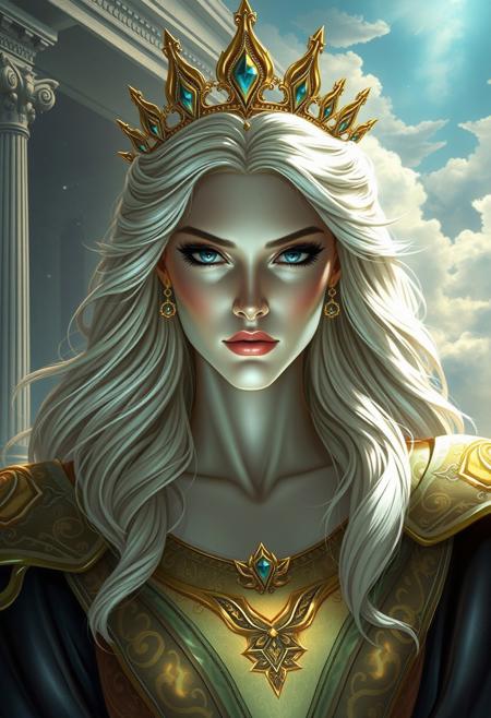 A goddess with a haughty expression, perfect symmetrical features, cold gaze, slight smirk. Flowing golden or silver hair, adorned with a delicate crown. Luxurious glowing robes with celestial patterns. Background: grand temple or sky with clouds. Dramatic lighting, fantasy art style, highly detailed