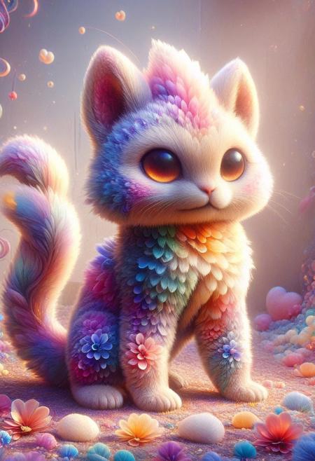 focused subject, dynamic angle, made_from_teef ,easynegative, vibrant colors, masterpiece, 8k, Amazing shading, amazing quality, high resolution, glass, 
fluffy animal, cute angry, glowing eyes, claws, fangs, tall body, kindergarden background, p1nk1r1fl0wers, made out of iridescent flower petals, easynegative, Cute Animals page