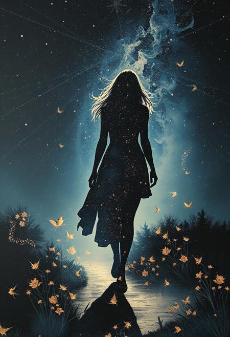 Female silhouette walking in the Dreamscape, Double exposure effect of the silhouette, superimposed against night sky by Conrad Roset, Brandon Kidwell, Andreas Lie, Dan Mountford, Agnes Cecile, Jeremy Mann, oil and ink canvas, fine art, super dramatic light, photoillustration, amazing depth, hyperdetailed, iridescent gold, floral, night vs day.