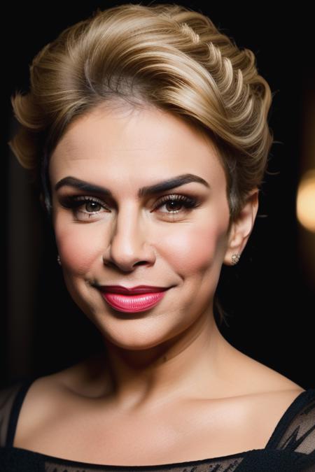 face portrait photo of Teotrnd, wearing black dress, beautiful face, smile, blonde, cinematic shot, dark shot, dramatic lighting