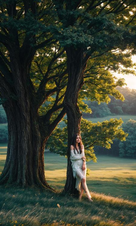 1girl,slg,grass,straight hair,nsfw,depth of field, dusk,Leaning against an invisible pillar<lora:slg_v11:1>,