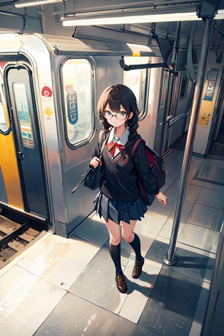 ((masterpiece,best quality)), <lora:GoodHands-vanilla:1>,from above,depth of field,1girl, school uniform, twin braids, glasses, subway station,subway,train station, people