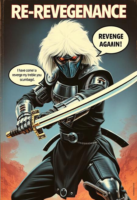 Create a fake B-Movie VHS cover art of a movie called Re-revegengance: Revenge Again, the cover features a chrome cyborg Ninja in a cool action pose holding a comically long samurai sword and wearing a white mefium length hair wig, out of his mouth comes a speech bubble saying (I have come to re-revenge my vengeance, tremble you scumbags!), the cover gives 80s vibes with slightly washed out colors and is despite its silliness very well rendered and extremely detailed.