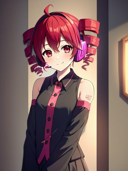 best quality, high quality, absurdres, (masterpiece:1.3), dramatic lighting, bloom, kasane teto, 1girl, solo, smile, black skirt, detached sleeves, headphones, headset, upper body